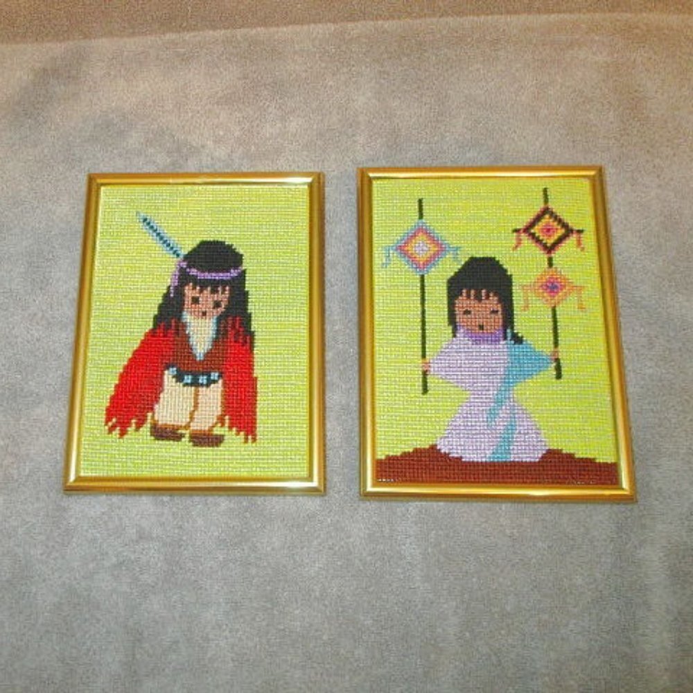 Vtg Native American Finished Cross Stitch Framed DeGrazia Set Of 2 Boy & Girl